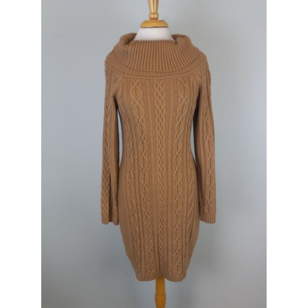 Larry Levine Cowl Neck Cable Knit Sweater Dress Tan Size Large